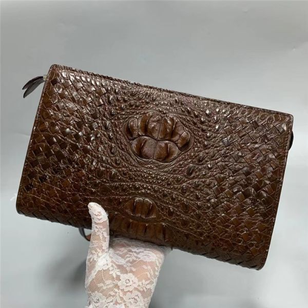 Knitted Designer Genuine Alligator Skin Men Woven Clutch Purse Authentic Crocodile Leather Male  Large Wristlets Bag