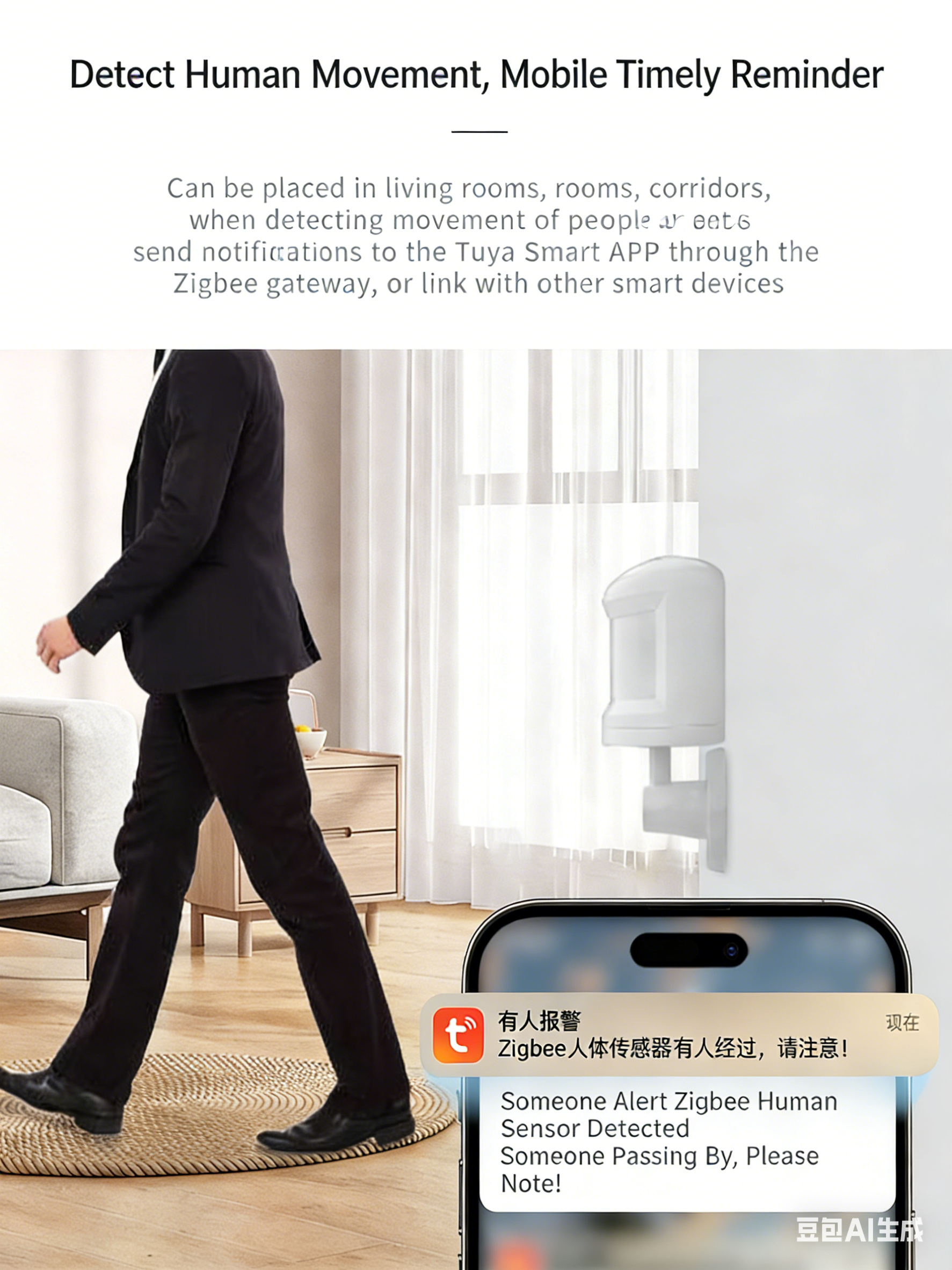 Indoor PIR Motion Smart Home Sensors 150° Wide Angle CR2450 Battery