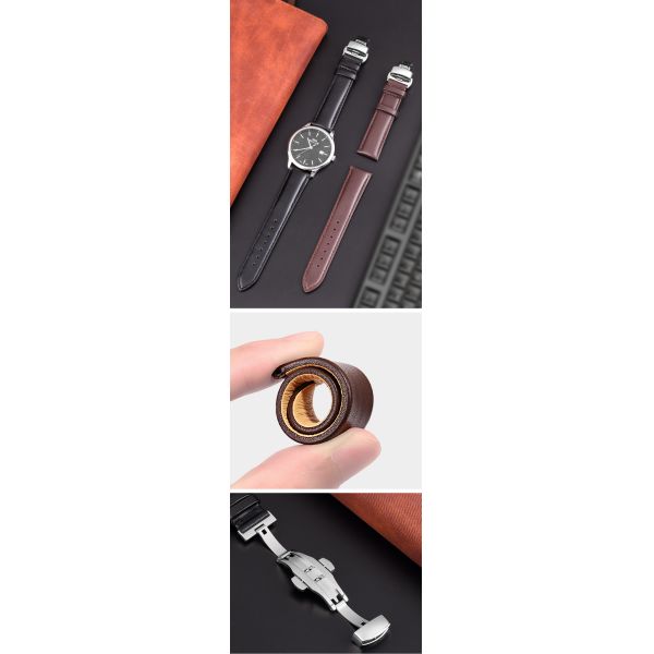 Solid Color Genuine Leather Watch Strap With Butterfly Clasp