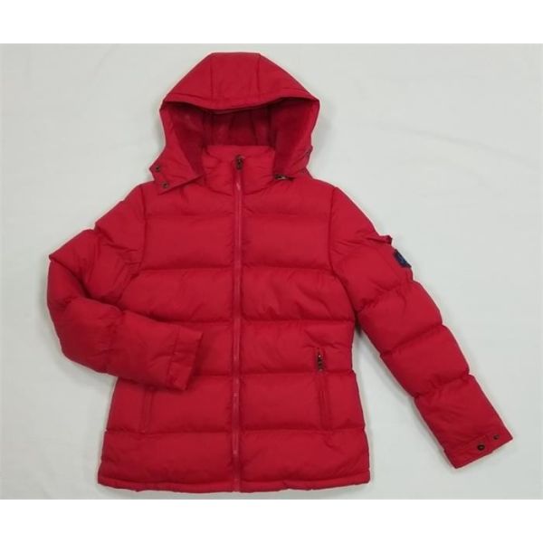 Red Ladies Hooded Padded Jackets Womens Mid Length Puffer Coat With Hood
