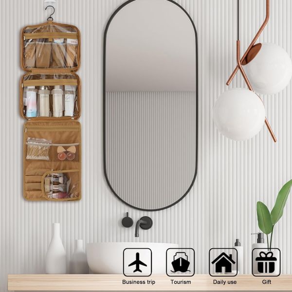 3 In1 Makeup Toiletry Travel Bag Brown Leather Water-Resistant Hanging With Hooks