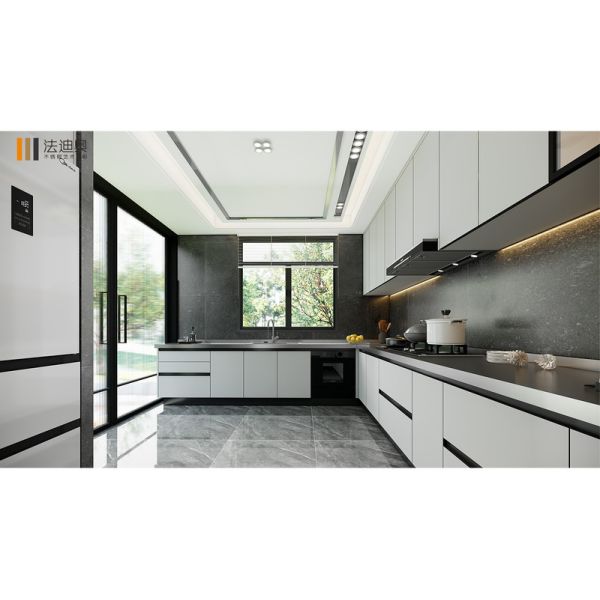 Elegant And Modern U-Shaped Stainless Stee Kitchen Cabinet with Integrated Wine Cooler
