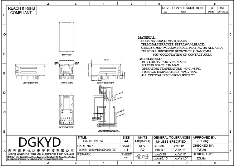 DGKYD411Q200AB2A2DPC057 50U 5G RJ45 защищало соединитель сети RJ45 соединителя одиночный гаван