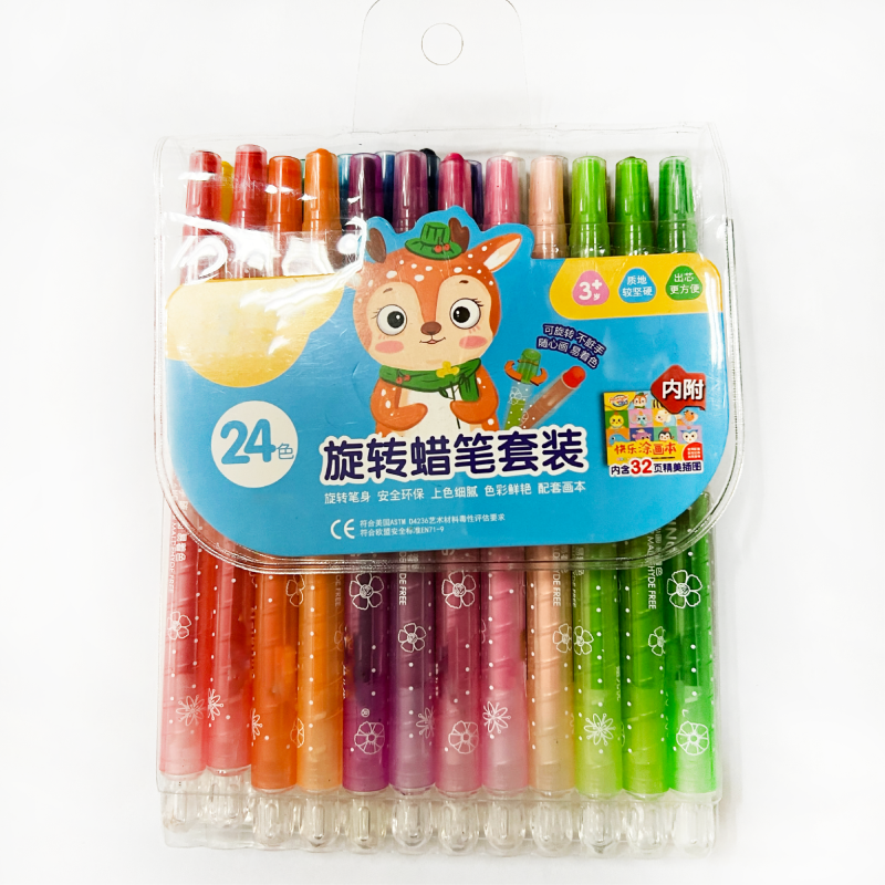 Art Supplier High Quality 24PCS Long Colorful Silky Nox Toxic Kids Novelty Wax Crayon Twistable Crayon