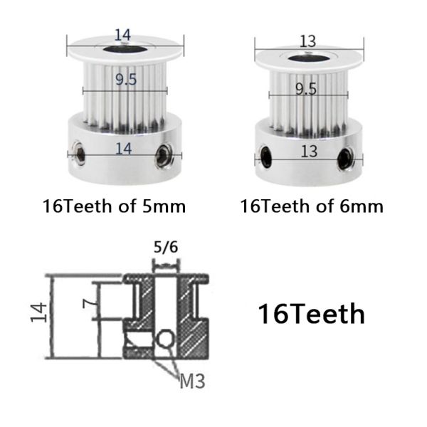 Aluminum Alloy 2GT Width 6mm Timing Belt Wheel 16 Tooth 20 Tooth