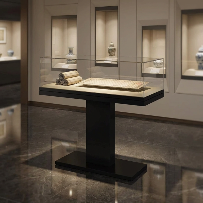 T Type Table Display Cabinet Five Panes All-angle View with Optional Climate for Books