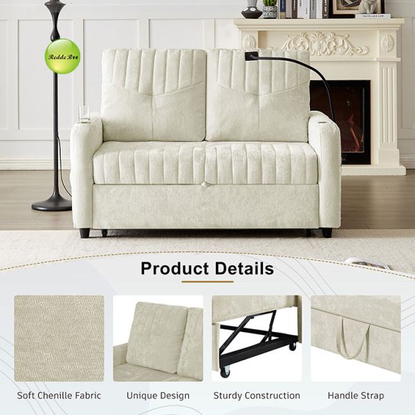Modern Soft Chenille Fabric Convertible Sofa Bed with USB Port & Cup Holder & Phone Stand 2 Seater Sofa Pull Out Sleeping Sofa Bed