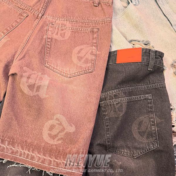Logo imprimé en denim sur mesure Vêtements de rue Rouges T-shirts courts Jogger Sweat Vêtement de coton Vêtements de rue en détresse Shorts de lavage à l'acide