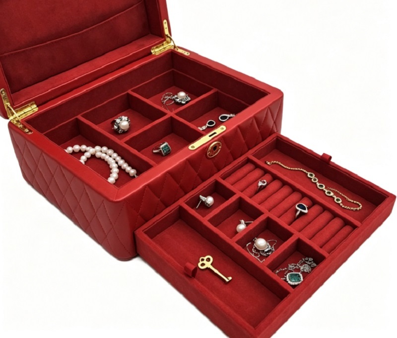 Luxury Red Quilted Leather Jewelry Box with Lockable Design and Velvet Lining Organizer