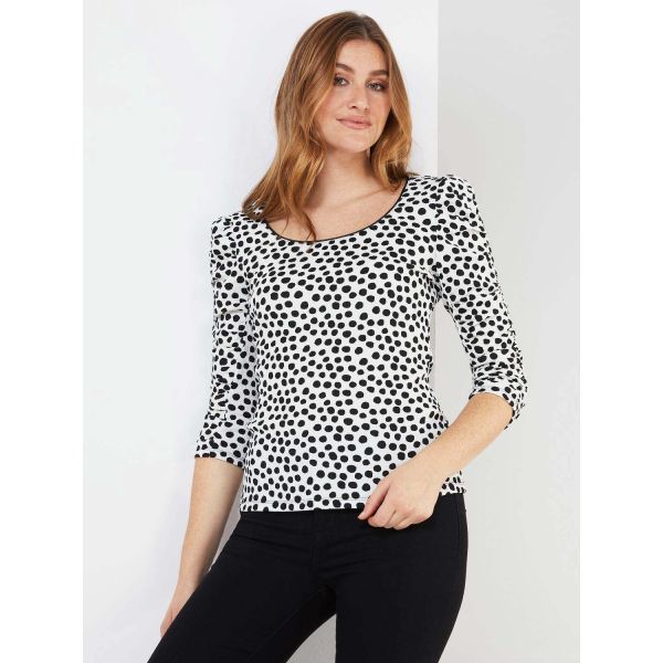 Black & White Polka Dot Ruched Sleeve Fitted Top