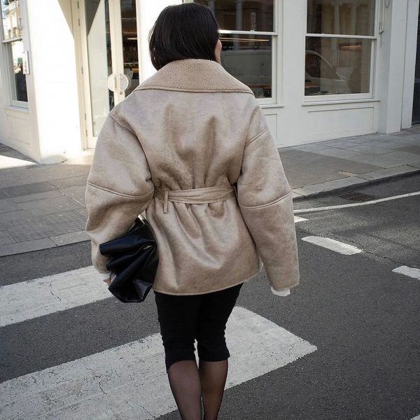 36 Size Stylish Faux Leather Jacket Oversized Belted Bonded Jacket Oem