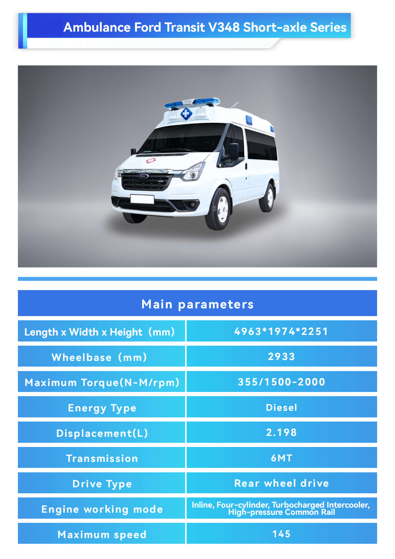 Ford Ambulancia de suministro médico directo Tipo 2 4x4 Furgoneta de rescate para el transporte de pacientes Diesel combustible vía trasera 1704mm