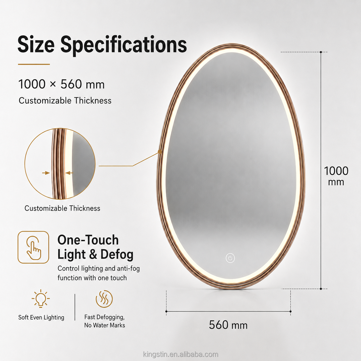 Kingstin LED Smart Bathroom Mirror Water Drop Oval Makeup Mirror Aluminum Frame Touch Anti-Fog Wall Mirror