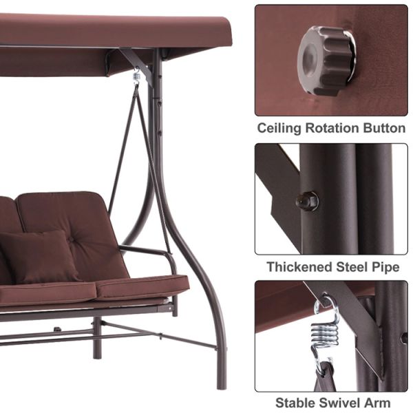Outdoor Garden 3 Seats Swing Chair with Canopy and Adjustable Folding Steel Lounger Bed