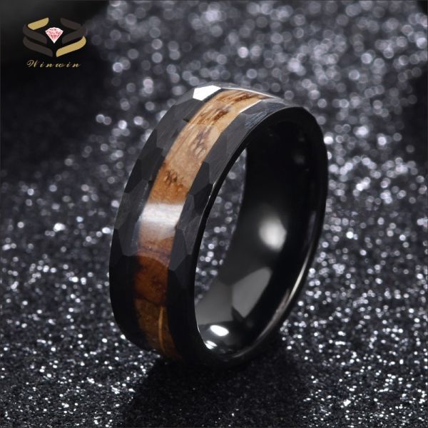 Men'S Black Tungsten Wedding Band Ring 8mm With Hammer Finish And Whiskey Barrel Wood Inlay