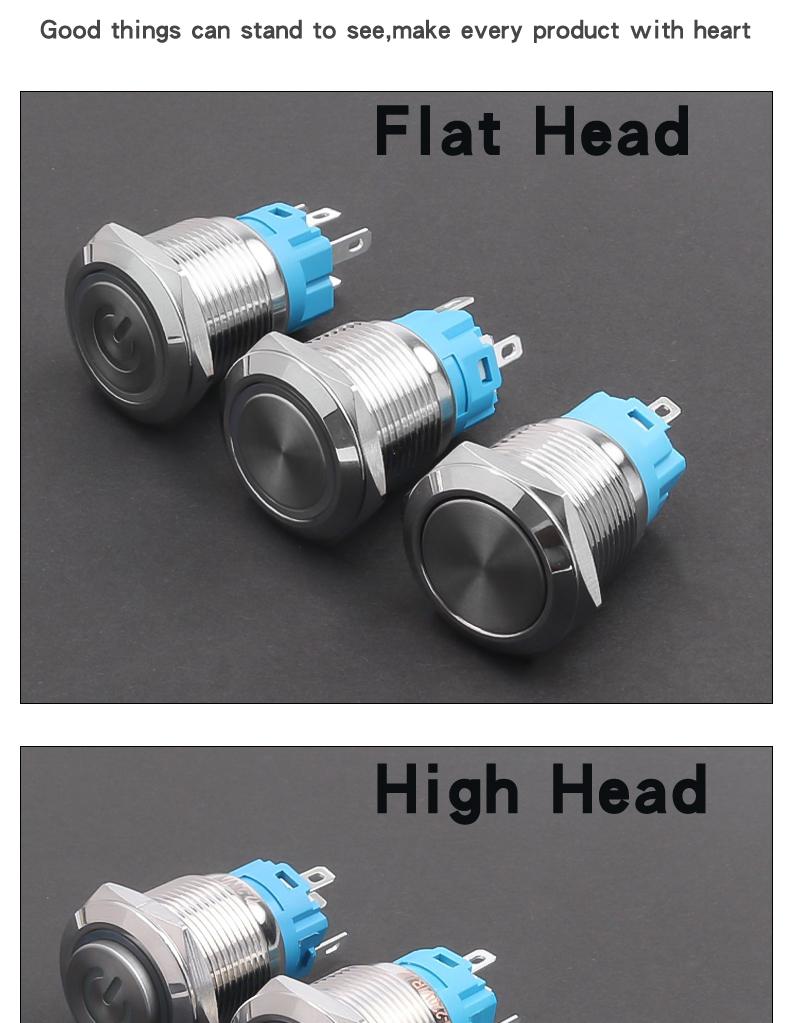 19mm Metal Push Button Switch 1NO1NC Waterproof High/Flat Head Ring-LED Momentary Latching Button Switch 6V 12V 220V