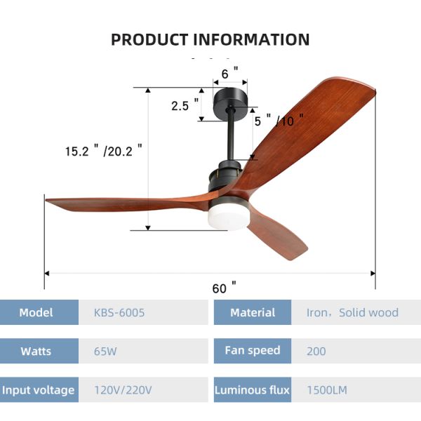 Fashion Adjustable 65W 60 Inch 3 Blade Ceiling Fan Light 1500lm