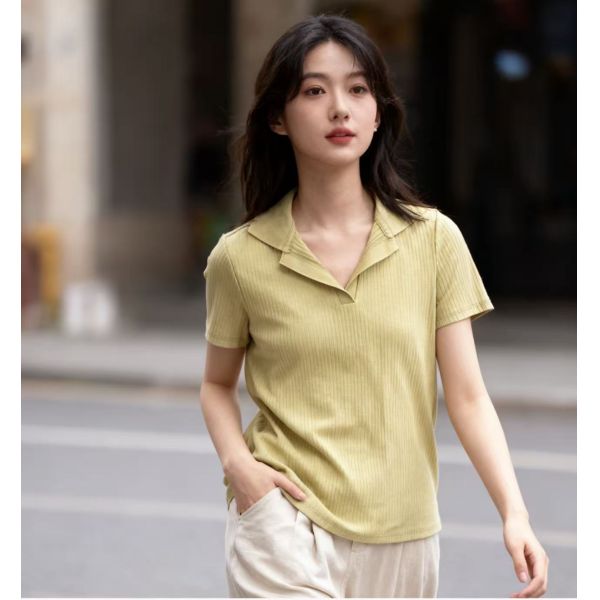 Effortless Chic Ribbed Knit Polo Two-Piece Set - Short Sleeve Top & Wide Leg Pants (Khaki)