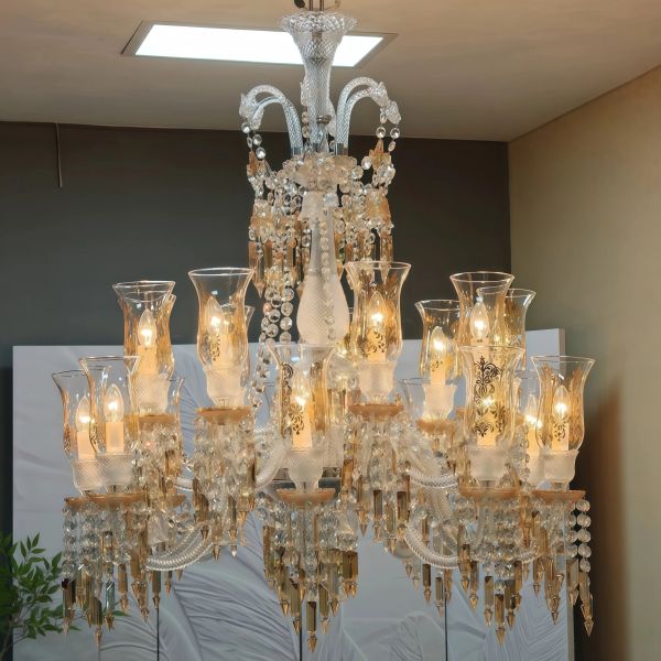 JYLIGHTING Gold & Clear Crystal Glass Chandelier, 18-Arm Floral Etched Candle-Style Fixture for Grand Dining & High-End Foyer