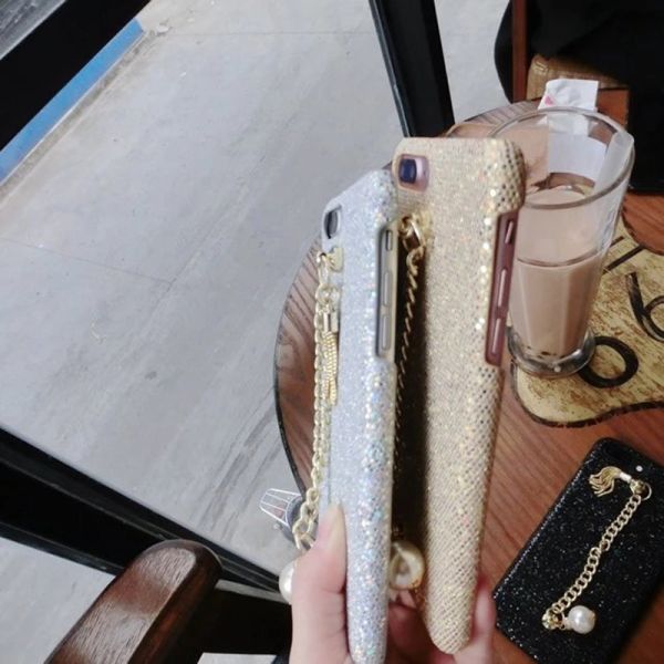 Hard PC Glitter Pendant Pearl Metal Chain Tassel Bracelet Back Cover Cell Phone Case For iPhone 7 6s Plus