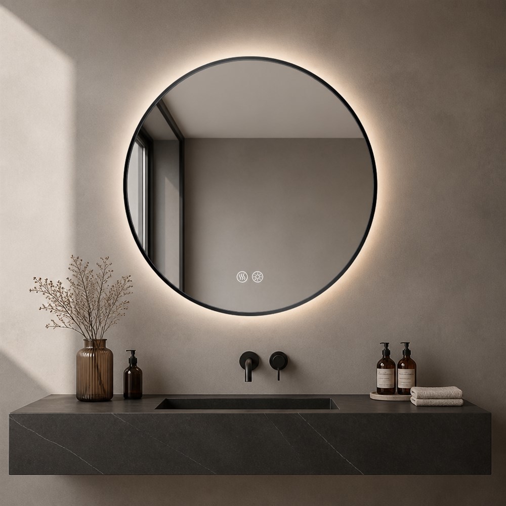 Round Black Stainless Steel LED Mirror with Anti-Fog Dimmable Backlit and 5MM Copper-free Silver Mirror