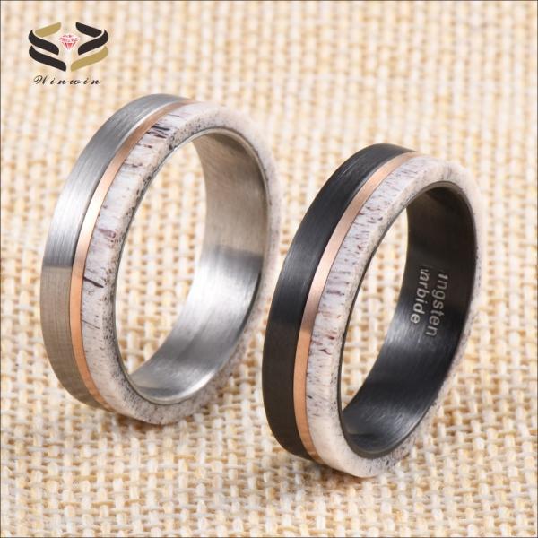 Jewelry 6mm Tungsten Band for Men Women Inlay Deer Antler Wedding Ring Other Diamond Shape and Pearl Type