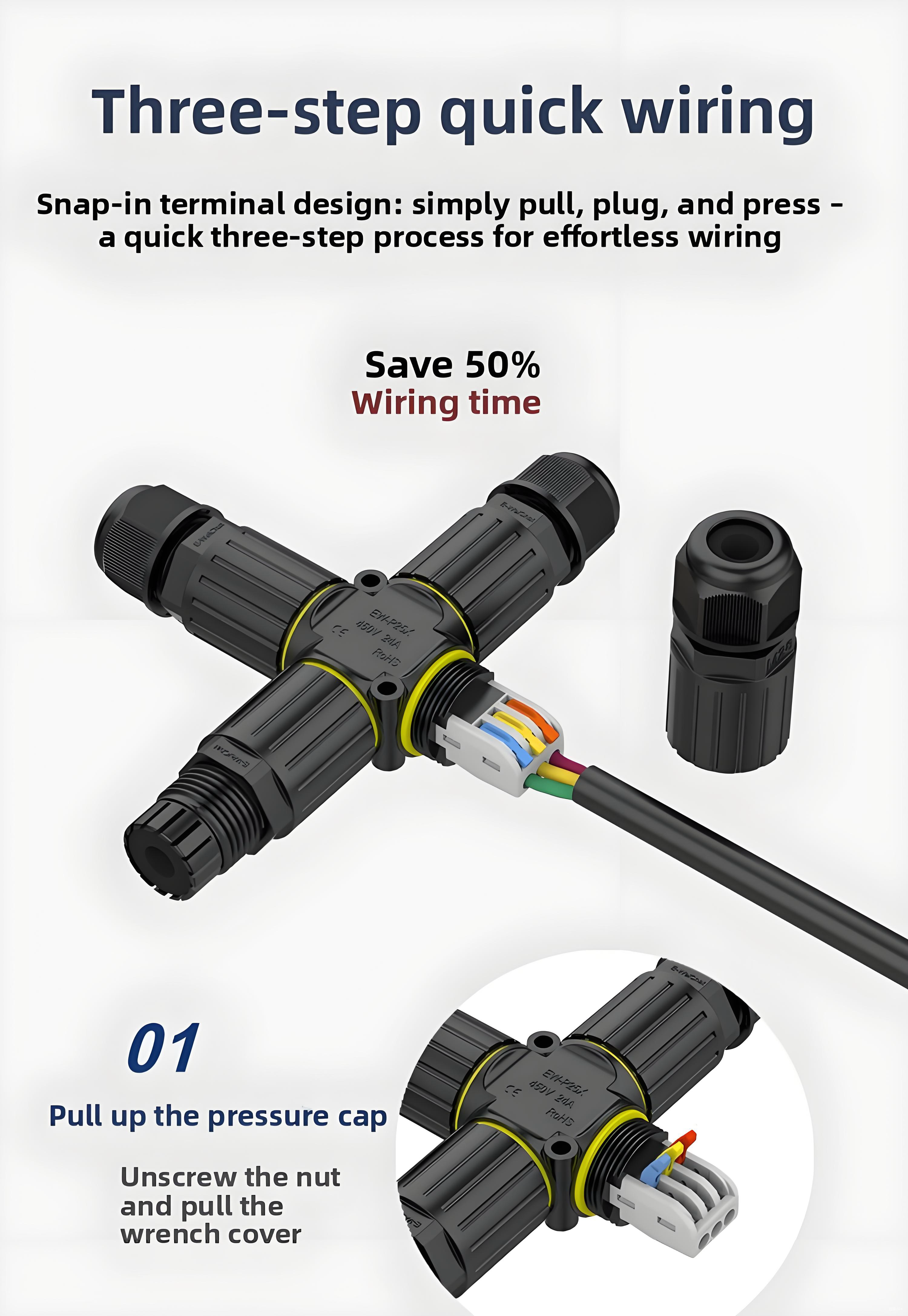 Waterproof T-Tap Connector 1 Male to 2 Female Quick Connect IP68