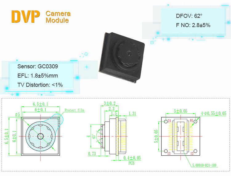 0.3MP 24 Pin VGA DVP Фиксированный фокус CMOS Модуль камеры GC0309 62 градус
