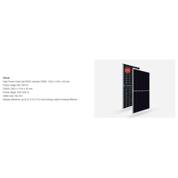 2278x1134x30mm Canadian Panel Modules Mono Facial Hiku6 High Power 535W Solar Panel for Solar Project