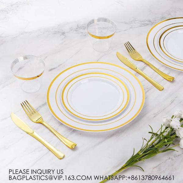 Gold Disposable Plates For 100 Guests, Plastic Plates For Party, Dinnerware Set Of Dinner Plates, Salad Plates