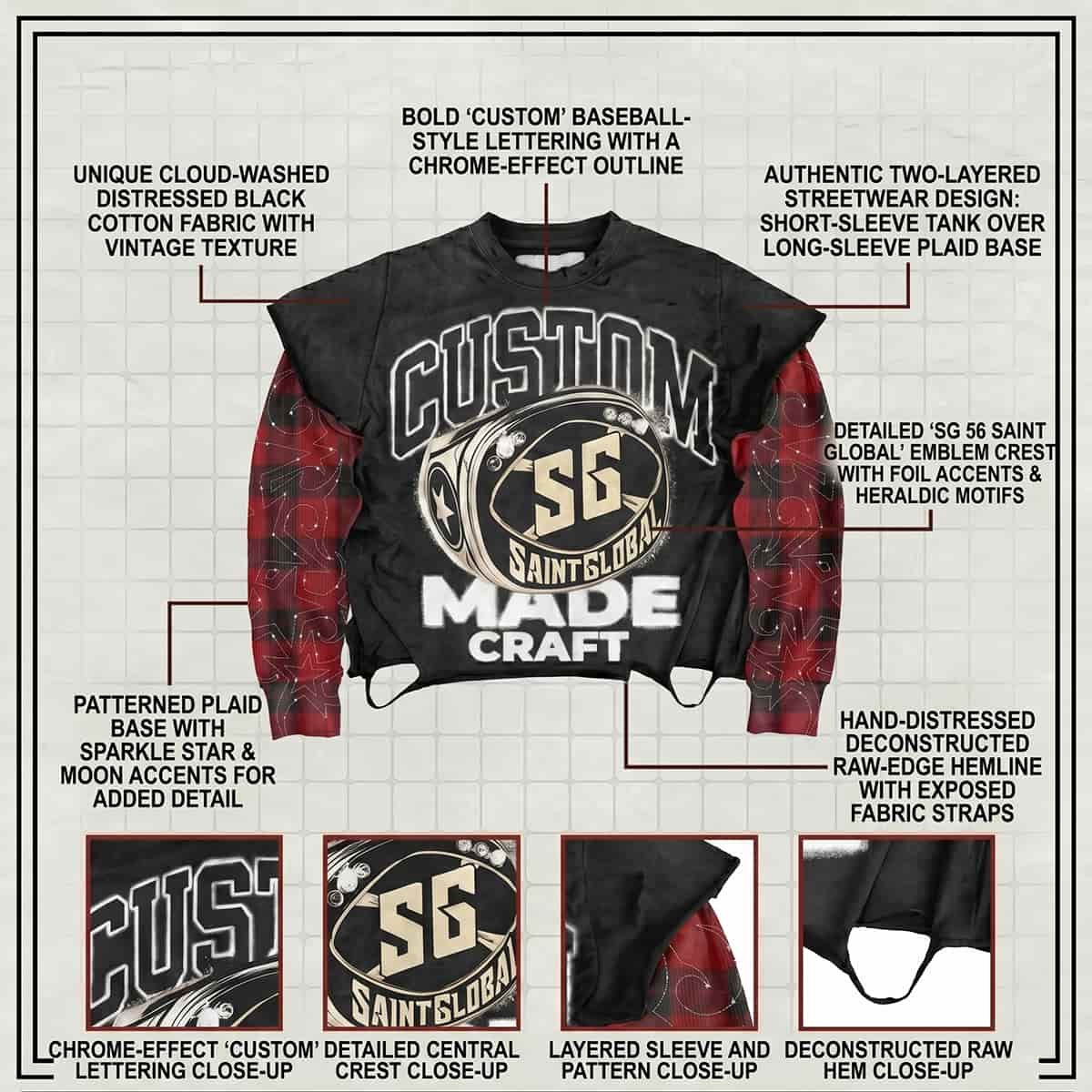 Custom Distressed Layered Long Sleeve Sweatshirts for Streetwear Brands