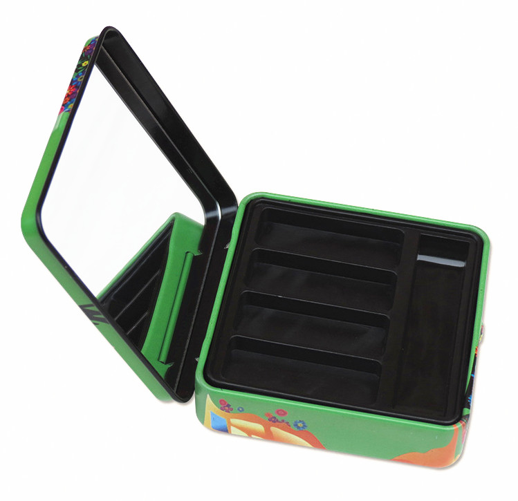 Square Rectangular Tin Box with hinged lid with plastic inner and mirror