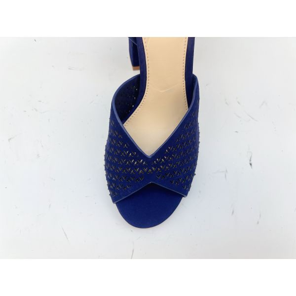 Square Toe High Heel Sandals Navy Soft Nubuck Genuine Leather Sandals For Ladies