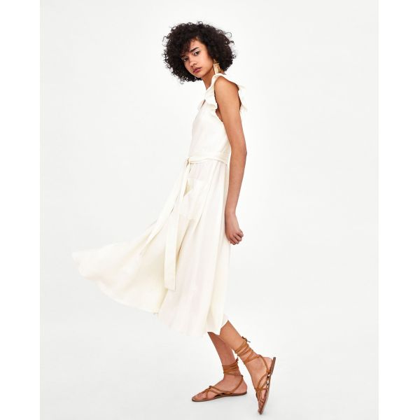 Elegant white linen maxi woman dress with bow