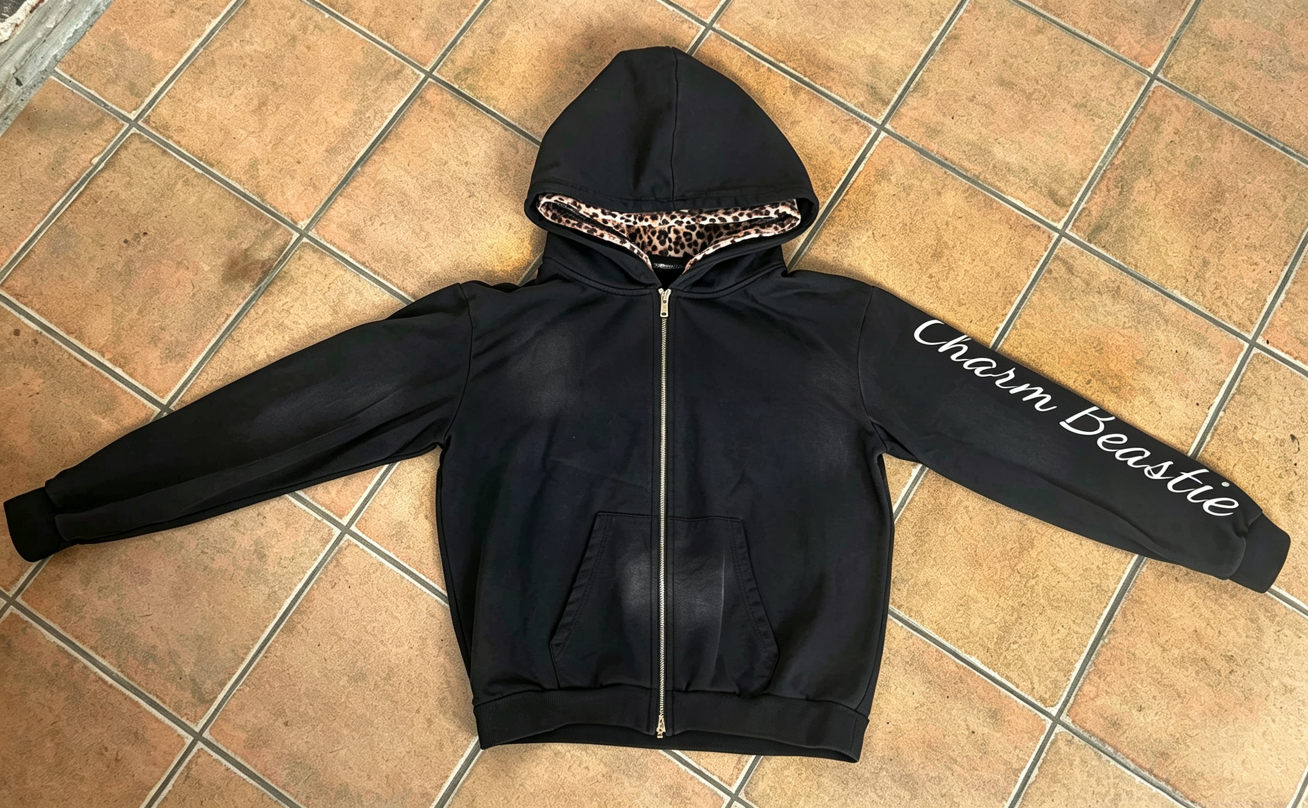 A529 Chiying Vintage Washed Zip Up Hoodie Men Leopard Lined Hood Oversized Cursive Print Streetwear Jacket