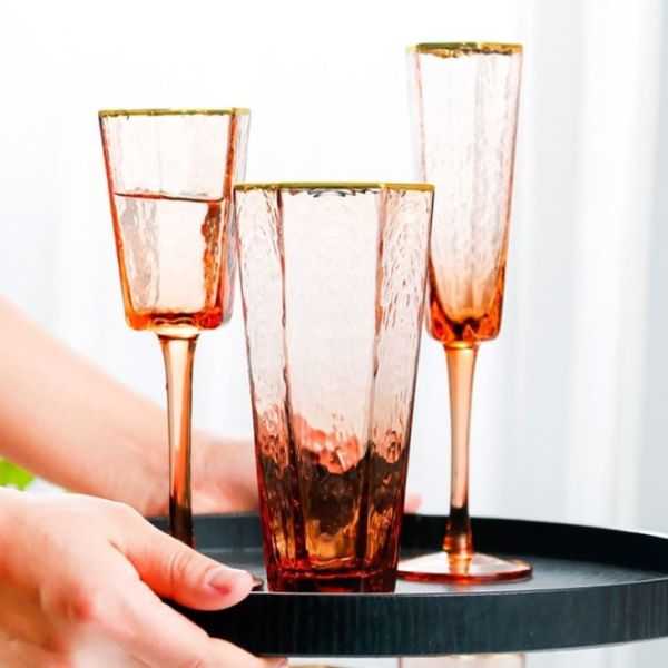Gold Rim Pink Water Goblets Handmade Wedding Champagne Glasses