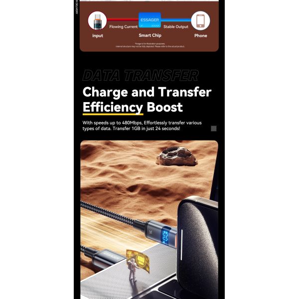 ESSAGER ES-X61 USB A to C Cable 100W Fast Charging Grey