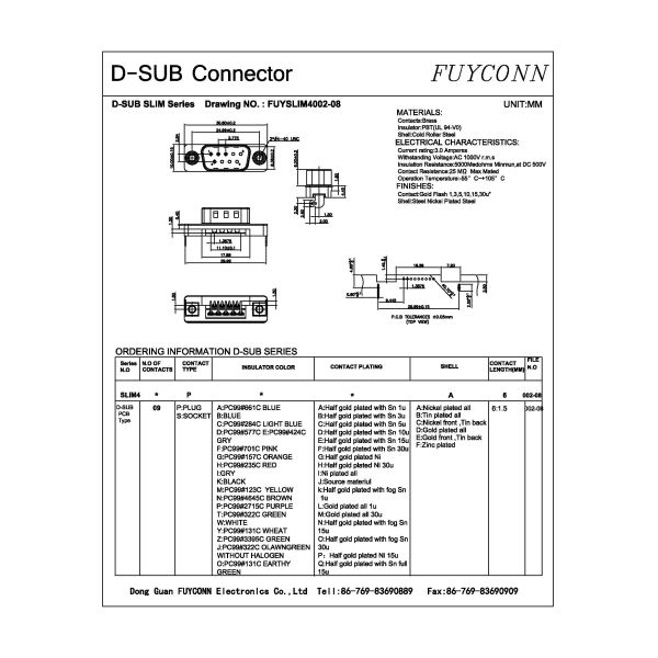 соединитель низкопрофильного 1.5mm мужской ТОНКИЙ, 9Pin соединитель VGA D-SUB
