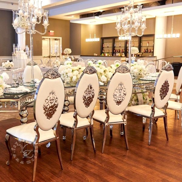 Modern Gold Stainless Steel Oval Back Chair with Leather for Dining Hall Hotel and Wedding Contemporary Style for Apartment