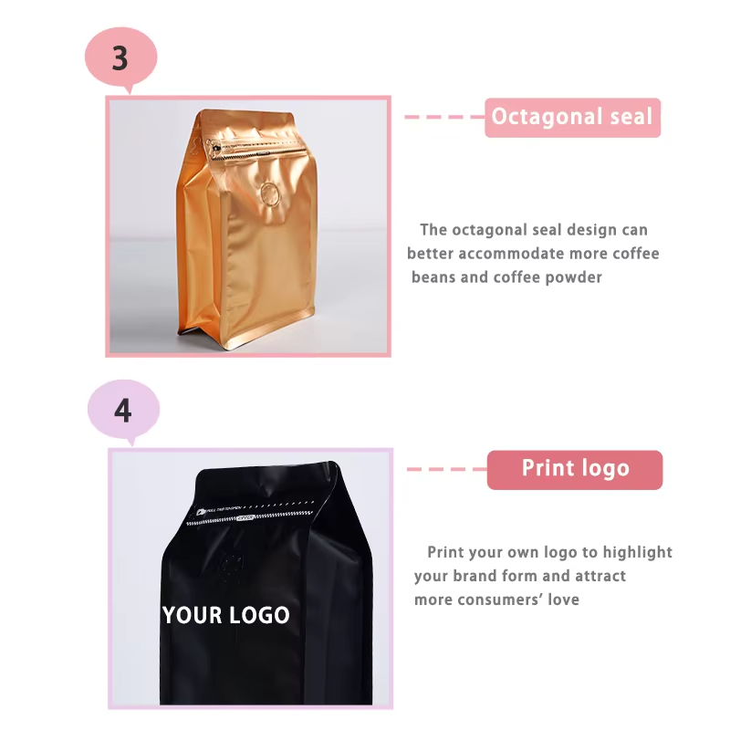Pressure Resistant Packaging Eight Side Sealing Flat Bottom Valve Zipper Coffee Bean Coffee Packaging Bags