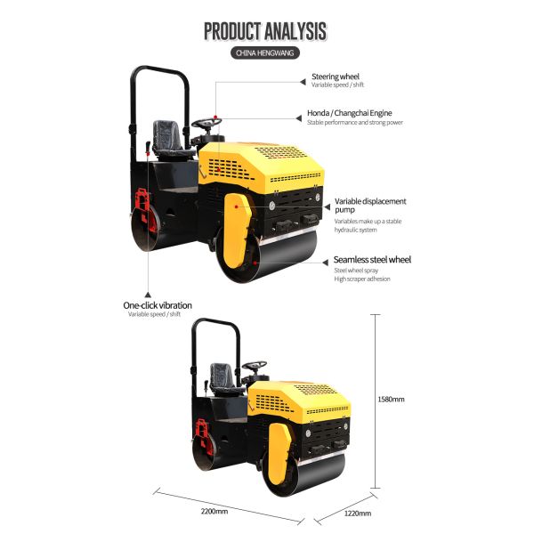 High Performance 1.5 ton Asphalt Roller Compactor 12HP powered