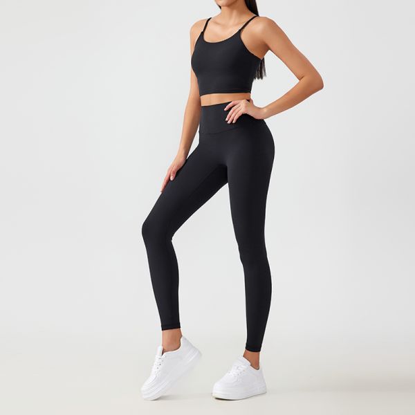 Spaghetti Strap Cropped Yoga Clothing Set 4 Way Stretch Sports Bra Top High Waisted