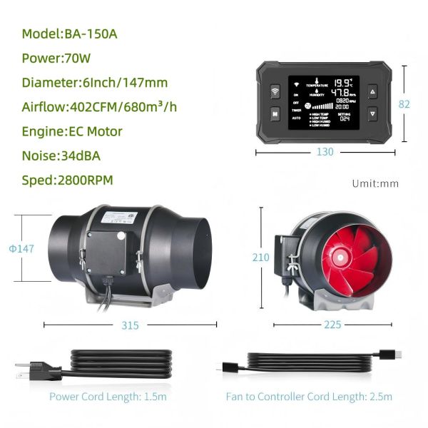BAVAGREEN WIFI APP Smart Inline Booster Duct Fan Quiet EC Motor 4 6 8 Inch Ventilation Exhaust Fan for Grow Tent ,Home