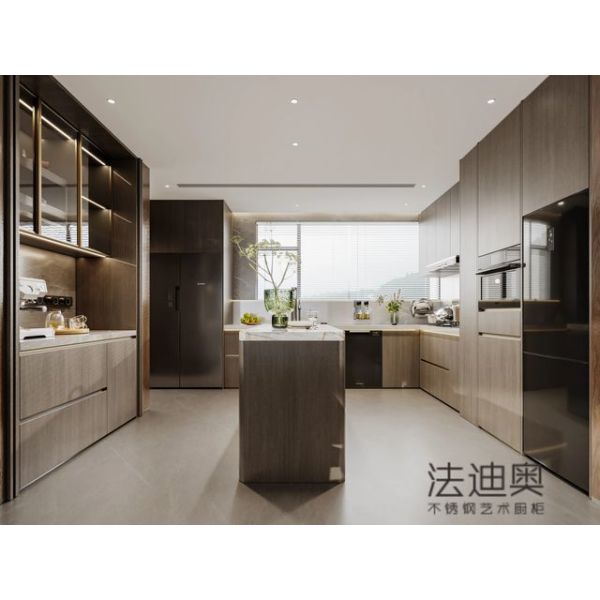 Fadior Stainless Steel Art Kitchen Cabinet - Wood-Tone Aesthetic, Island Layout, Premium Hardware & Custom Storage