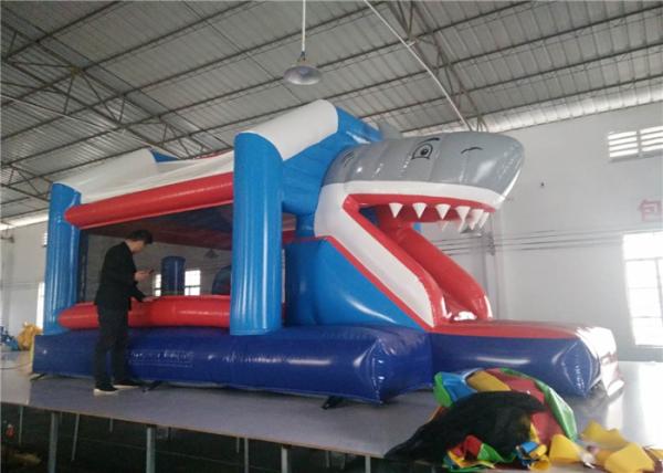 Shark Blow Up Bounce House , Outdoor Bouncy Castle Adventure Playground With Slip Slide