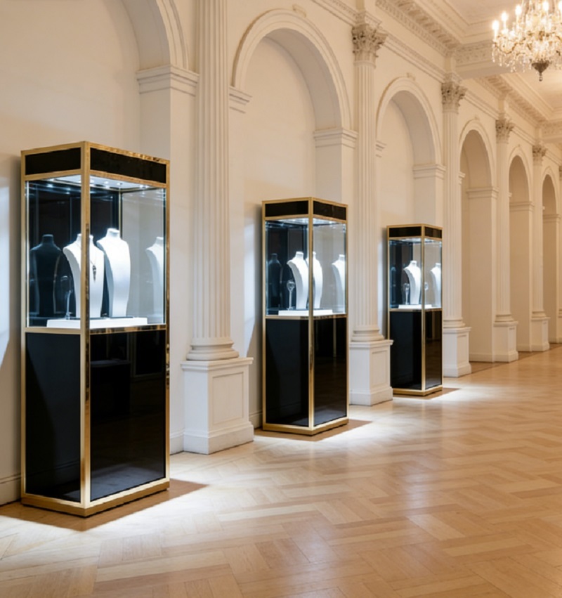 Freestanding Gold Trim Jewelry Display Cabinet with Built-in LED Lighting for Luxury Retail Stores