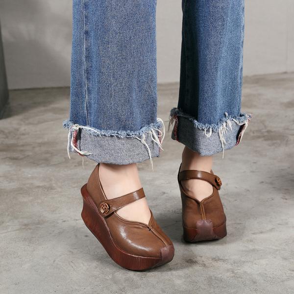 S413 New Style Genuine Leather Platform Wedge Shoes, Retro Increased Platform Shoes, Women'S Shoes Wholesale