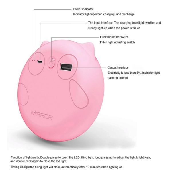 Portable Pocket Mirror Power Bank  2000mAh USB Touch Switch Adjustale LED Light