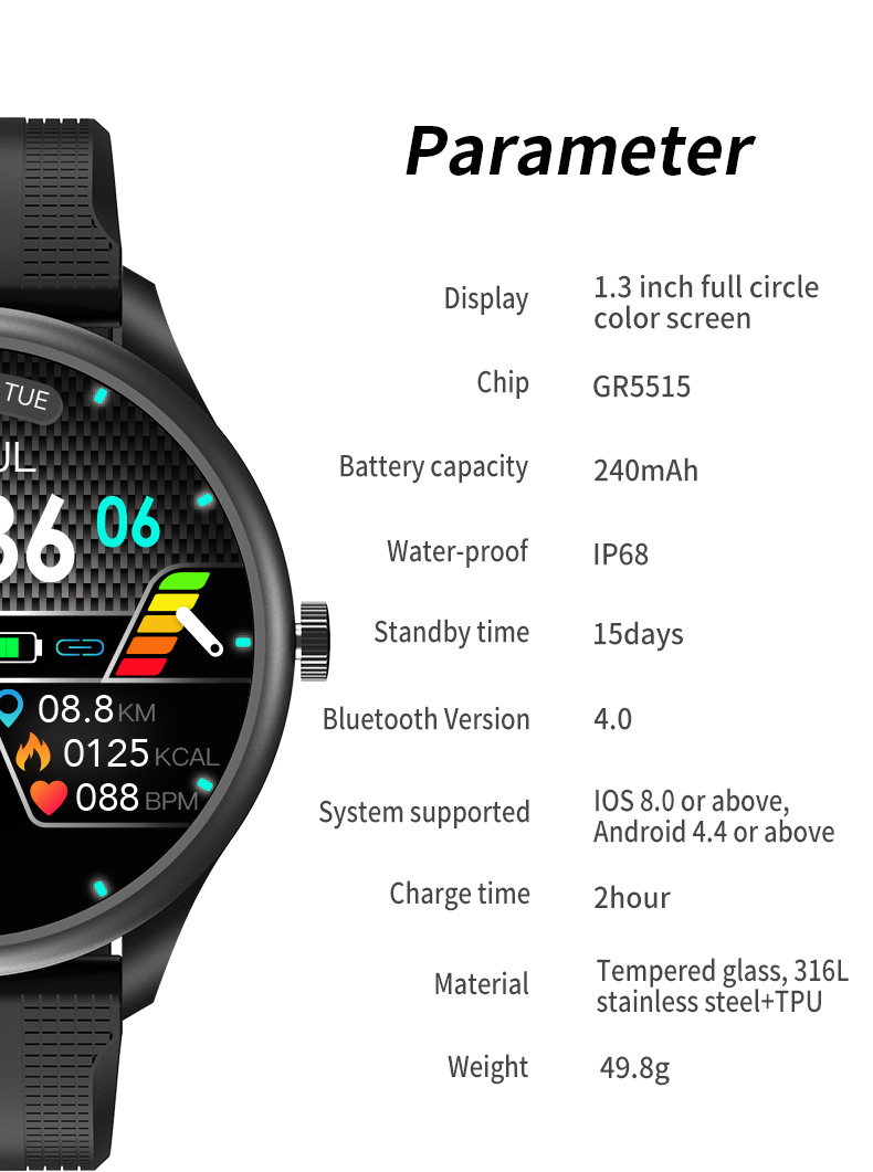 Музыкальный плеер Мужские наручные ЭКГ Смарт-часы 240 * 240 Экран 316L Корпус из нержавеющей стали