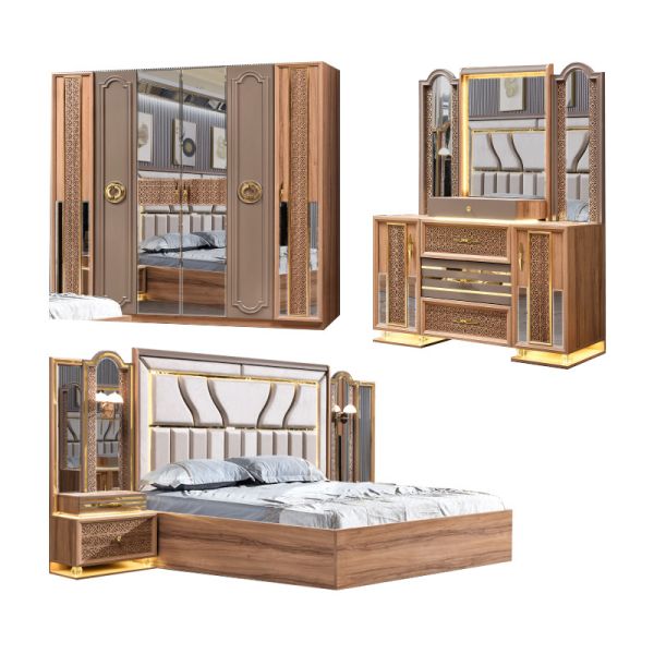 Turkish Luxury Style Wooden Frame King Size Bed Set Led Headboard Modern Classic Full Home Wood Bedroom Sets Furniture